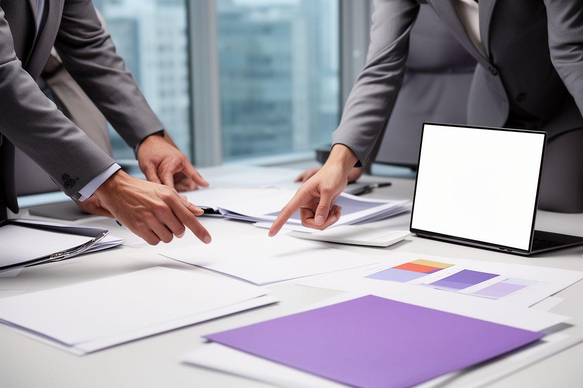 Legal team discussing a commercial lease draft beside city property charts and a laptop in a modern office