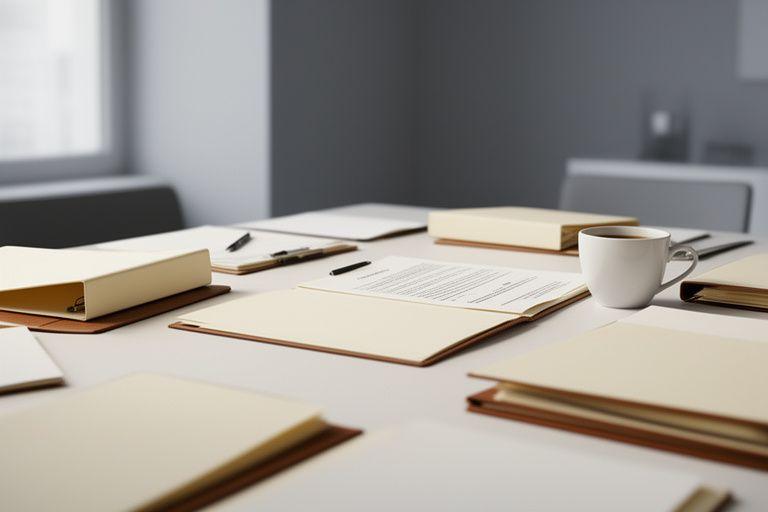 Empty closing table with contract folders and a coffee cup after a failed property sale meeting